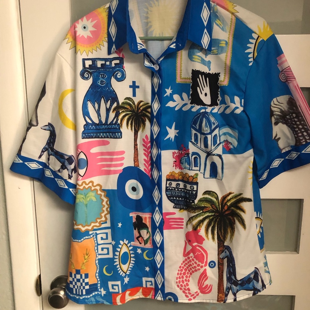 Vibrant Blue & White Tropical Print Button-Down Shirt and Short Set NWOT. M/L